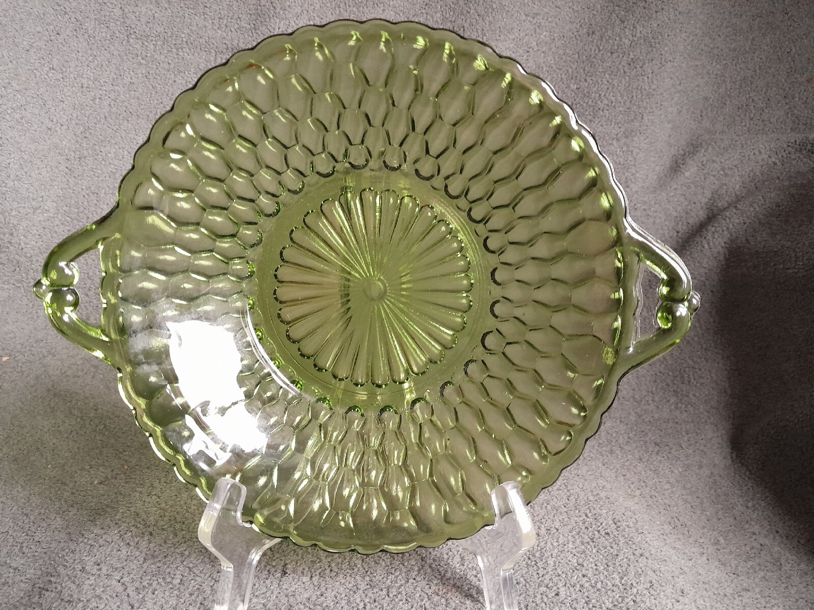 Vintage Indiana Glass Avocado Green Honeycomb 2 Handled Relish Dish Bowl Tray