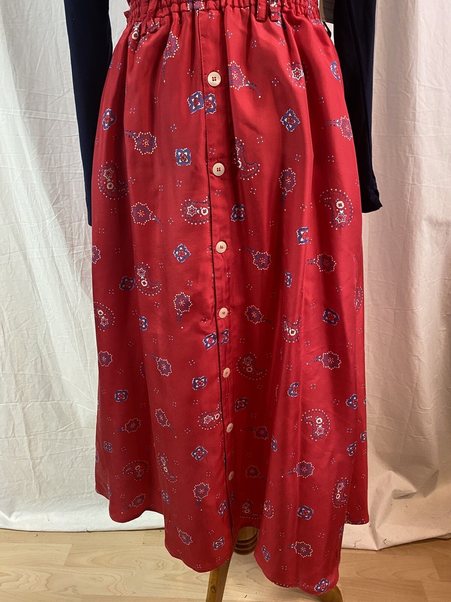 Vintage 90s Liz Claiborne Red Silk Scattered Print Button Front Midi Skirt S