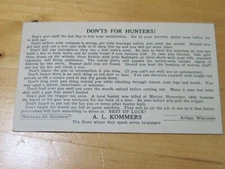 VERY OLD VTG DON'TS FOR HUNTERS A L KOMMERS HARDWARE STORE ANTIGO MERCER WI 1930