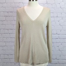 Eileen Fisher Size Medium V-Neck Sweater Gold Metallic Long Sleeves Flaw