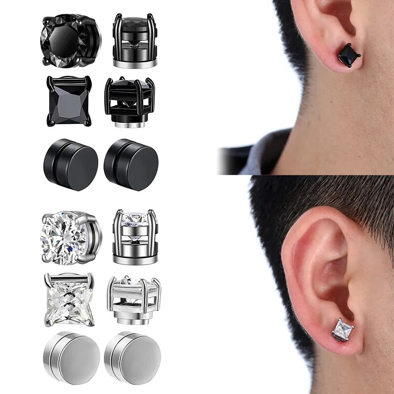 MENS Magnetic CZ Earrings big large Cubic Zirconium clip on no hole Non  Piercing