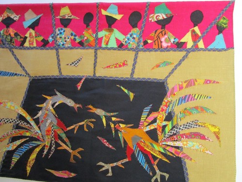 JEAN JOSEPH TAPESTRY VINTAGE HAITIAN ART FOLK MODERNISM ABSTRACT LARGE COLLAGE - Picture 4 of 11