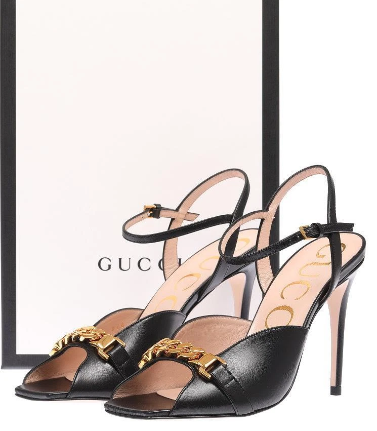 NEUF GUCCI LUXE CUIR NOIR CHAÎNE SANDALES TALONS ESCARPINS CHAUSSURES 36,5/US 6,5