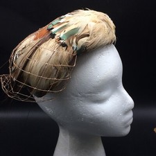 Vtg 50s Rust Color Feathered Pillbox Hat Cap French Room Stix Bauer Fuller 22