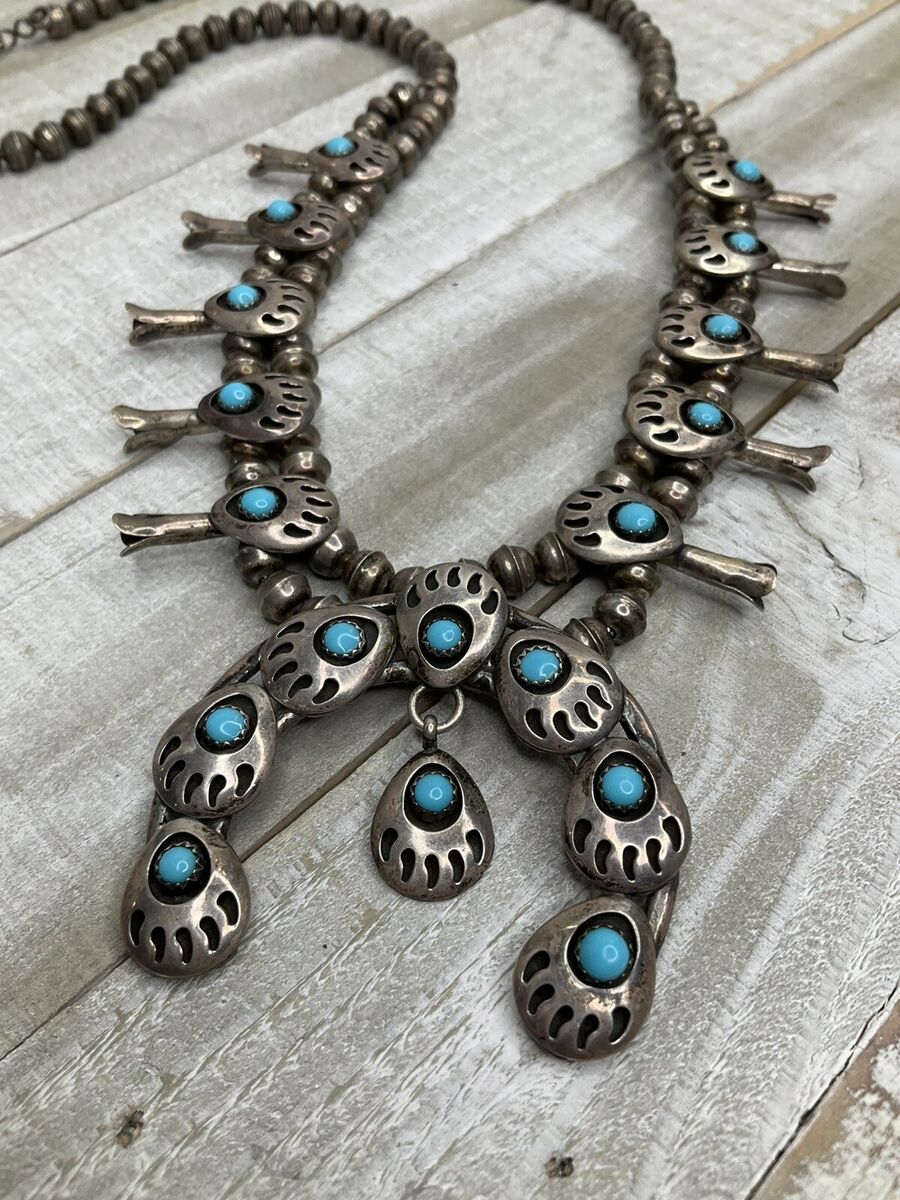 Native American One Of Best Ever Vintage Bear Turquoise Sterling Silver Squash Blossom Necklace Native American One Of Best Ever Vintage Bear Turquoise Sterling Silver Squash Blossom Necklace