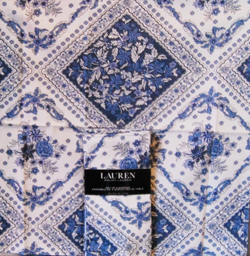 ralph lauren blue white bandana napkins set/4 NIP tile chinoiserie
