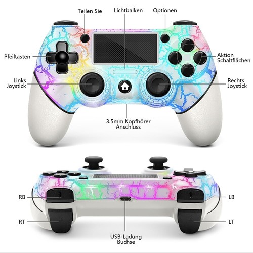 AceGamer Wireless Controller PS4, White Crack Custom Design, RGB-Licht, 1000m... - Bild 3 von 7