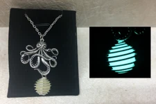 OCTOPUS with GLOW in the DARK Green Spiral Orb Tentacle Charm Pendant Necklace