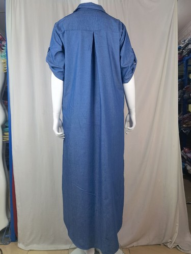 Verano Mujeres DENIM Maxi Vestido Manga Enrollada Cuello en V Blusa Larga Vestidos TALLA UK - Imagen 18 de 27