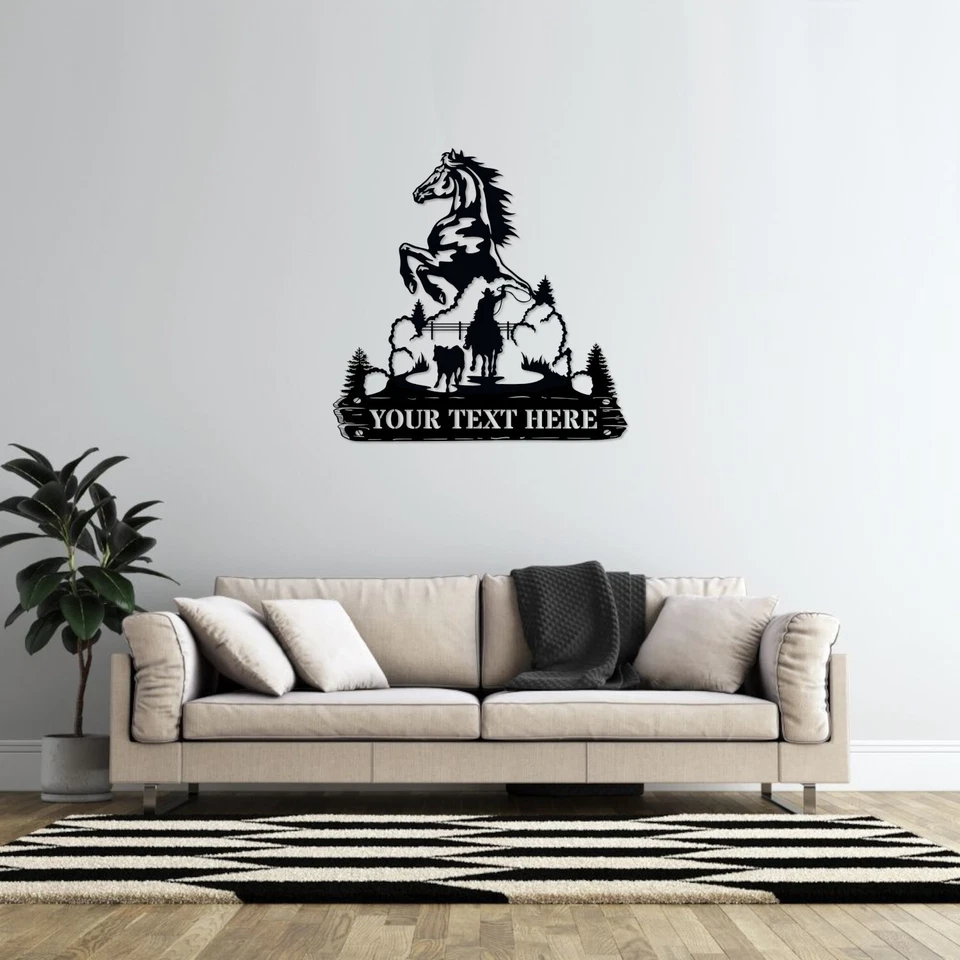 Placa de metal personalizada nome cavalo empinado presente. Decoração de parede personalizada de cowboy - Imagem 3 de 4