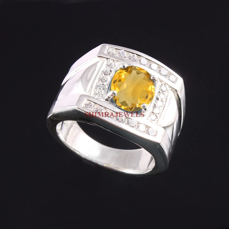 Naturale Citrino Gemma Con 18K Placcato Oro Bianco Argento Uomo Anello #314 - Immagine 3 di 4