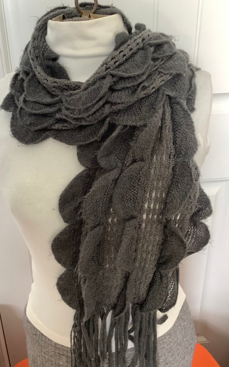 Ruffle Wavey Twist Style Crochet Knit Fringe Warm Scarf Grey 76x8