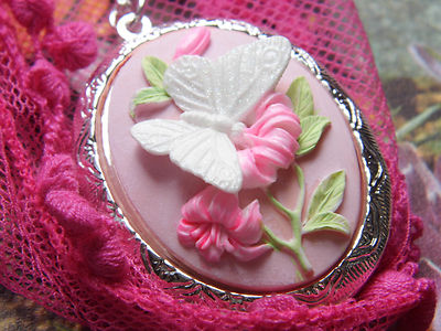 MOM SILVER PINK PHOTO BUTTERFLY Cameo Necklace Locket GIFT Wedding BIRTHDAY