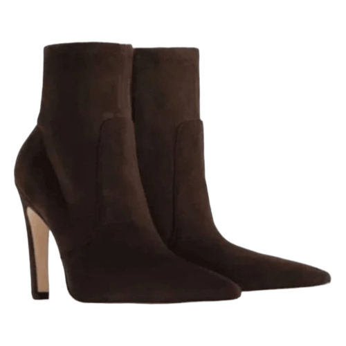 Good American Suede Icon 110 Bootie Chocolate Brown High Heel Stiefel 5,5