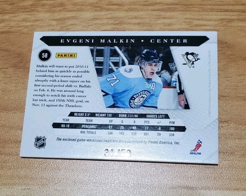 2010-11 Evgeni Malkin /50 Patch Stick + Jersey Number Panini Luxury Suite Dual - Picture 3 of 4