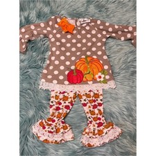 Rare Editions Gray Polka Dot Pumpkin Applique Outfit with Orange Bow