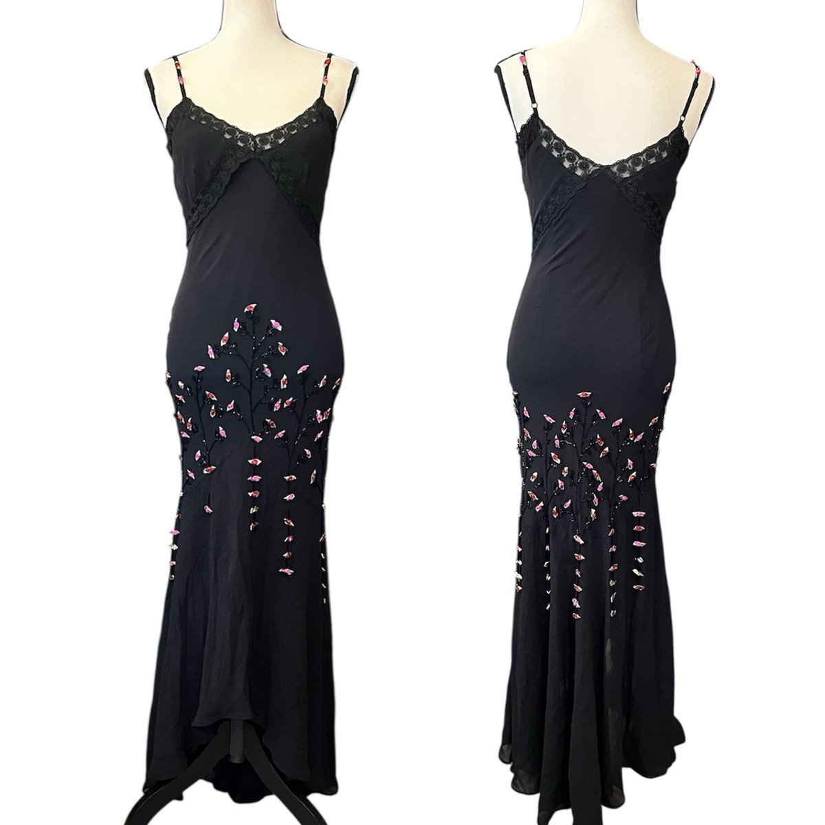 Vintage Sue Wong Silk Sheer Mesh Lace Beaded Floral Maxi Slip
