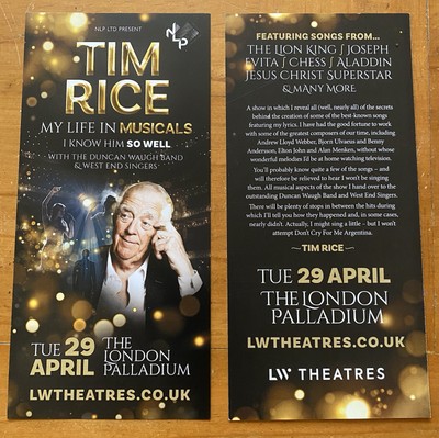 2 Tim Rice My Life In Musicals London Palladium Theatre Original Promo Flyers