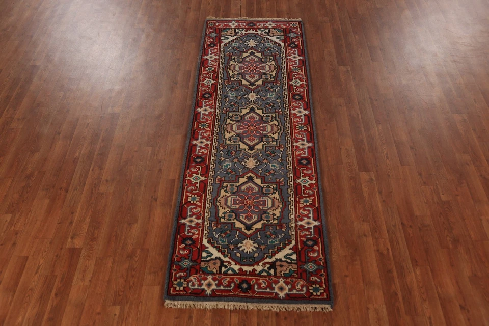 Gray Blue Geometric Runner Rug 3x8 Hand-knotted Wool Oriental Hallway Carpet - Image 3 of 4