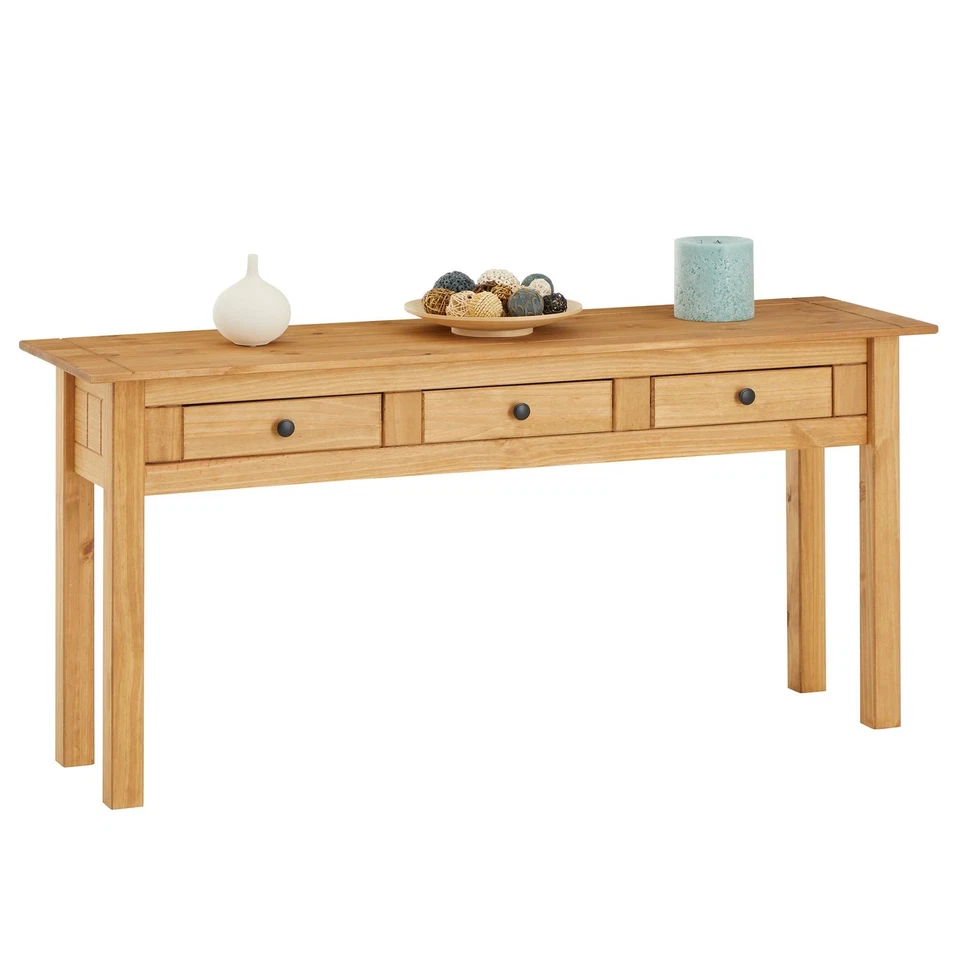 Table console meuble d'appoint avec 3 tiroirs pin massif finition teintée/cirée - Photo 1/4