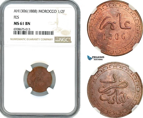 A10-348, Morocco, Moulay al-Hasan I, 1/2 Falus AH1306 (1888) Fes, NGC MS61BN
