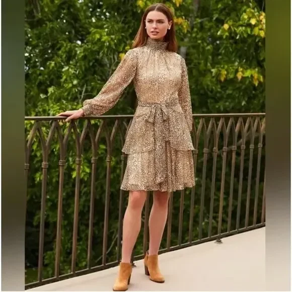 Alex Marie NWT High neck feminine long sleeve Ruffle Tiered Leopard Dress 2