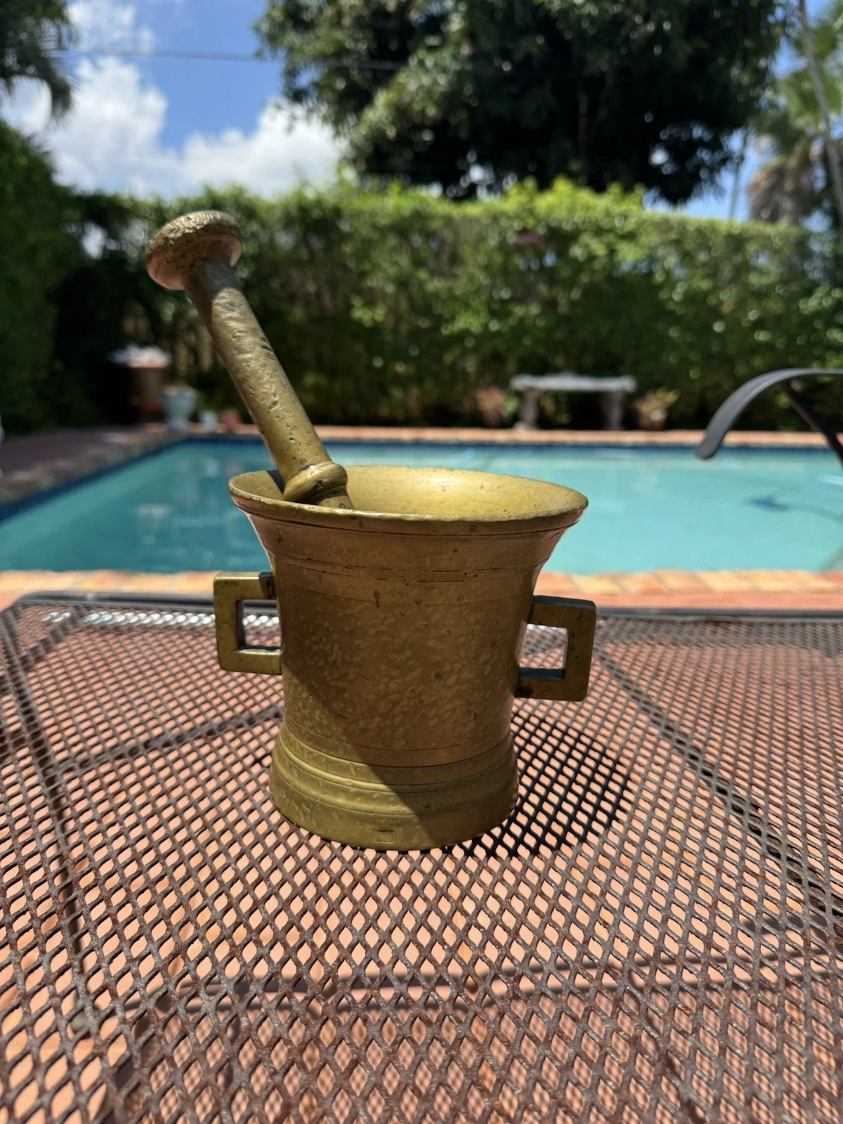 Antique Heavy Brass Pharmacy Square Handled 5.25” Mortar and 10” Pestle - 10lbs