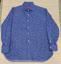 Isaia Slim Fit Floral Cotton Dress Shirt Blue Men's Size 17/43 Made in Italy