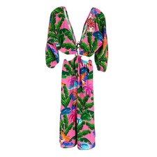 Farm Rio Cutout Midi Dress Womens Size XS Pink Linen Blend Toucan Tropical