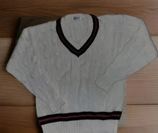  J Peterman~ Pure Cotton Cable Knit V-Neck~Contrast Band Sweater~ Sz Large 