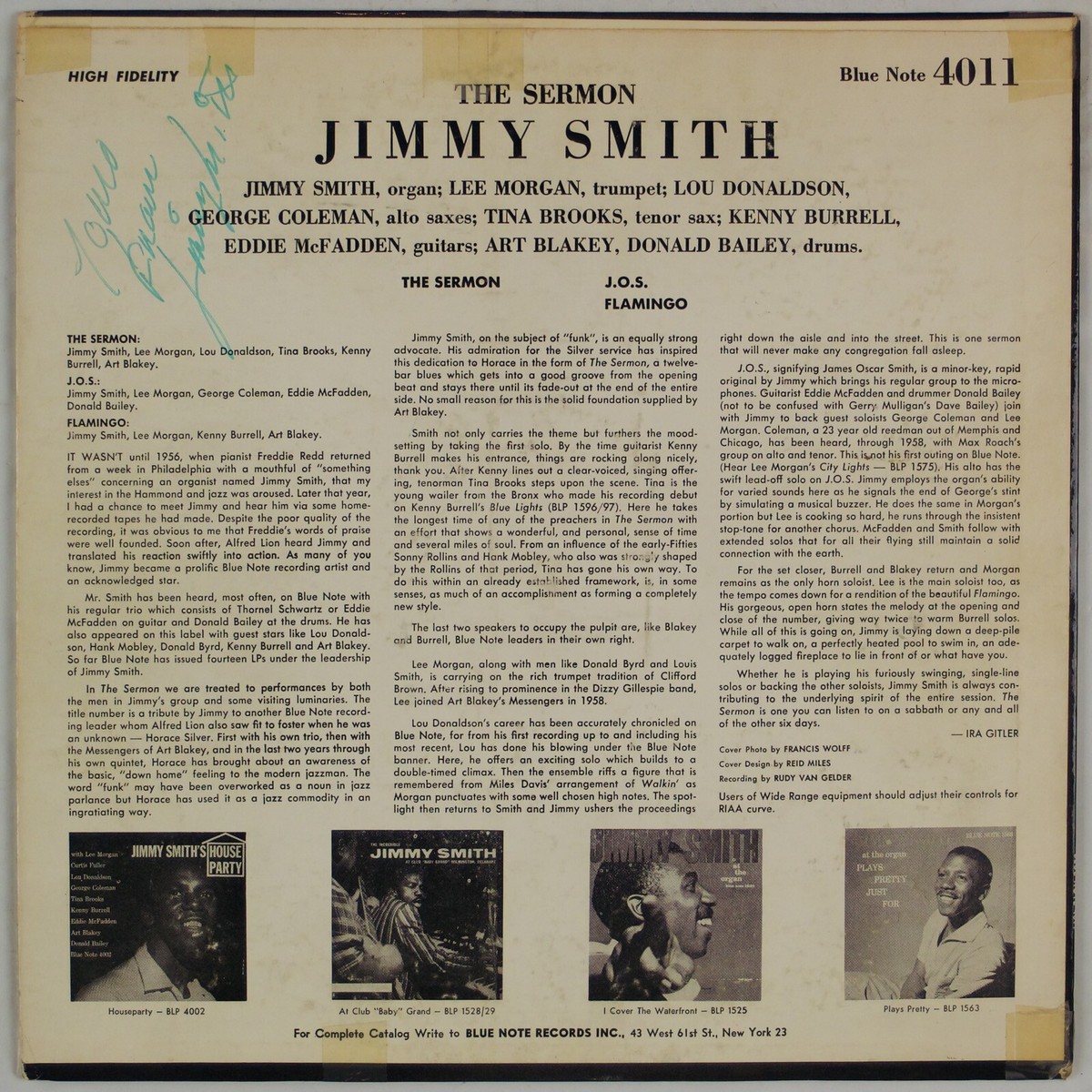 洋楽 JIMMY SMITH THE SERMON! BLUE NOTE 4011 JIMMY SMITH: The Sermon! US Blue Note 4011 NY EAR RVG Jazz