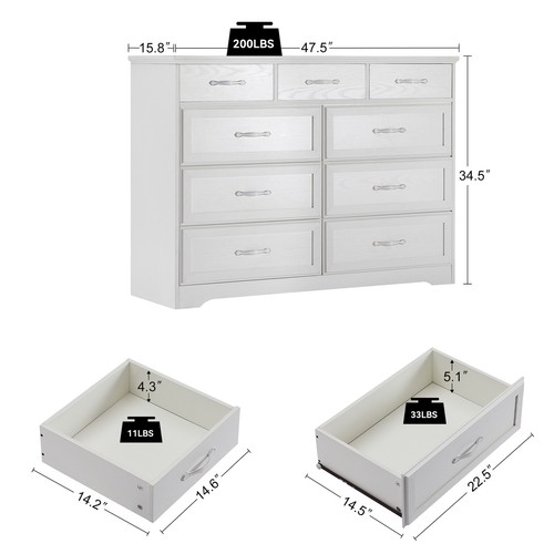 Bedroom dresser 9 drawer Long dresser with antique handles Wood Chest of drawers - Picture 6 of 12