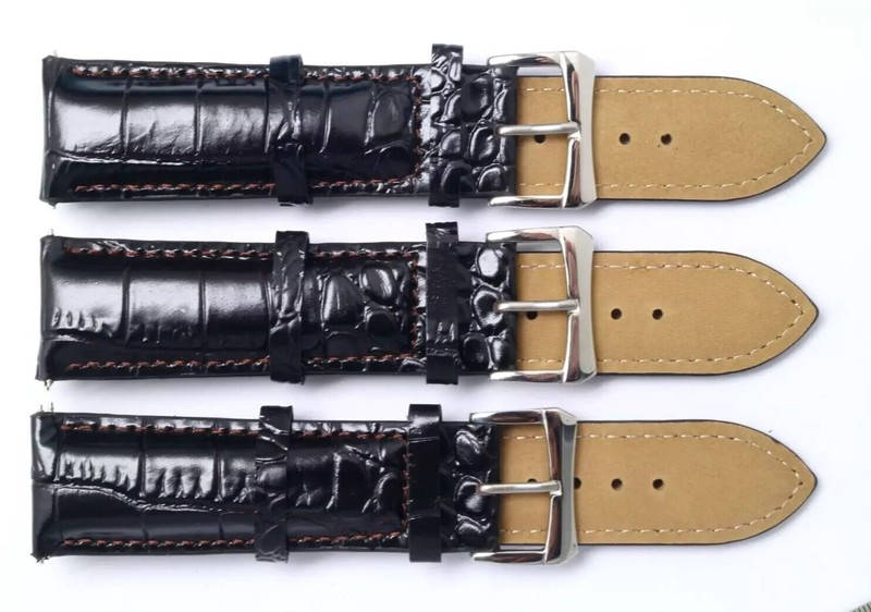 3Pcs 24mm Brown Croco Embossed Leather Replacement Men Watch Band Silver Buckle