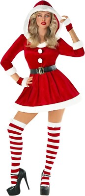 Women`s Miss Claus Costume Socks Gloves Adult Mrs Santa Christmas Dress