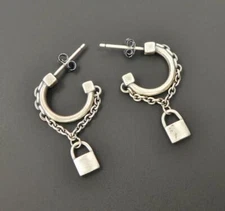 Handmade Sterling Silver Small Hoop with Chain and Lock Post Earrings Unique