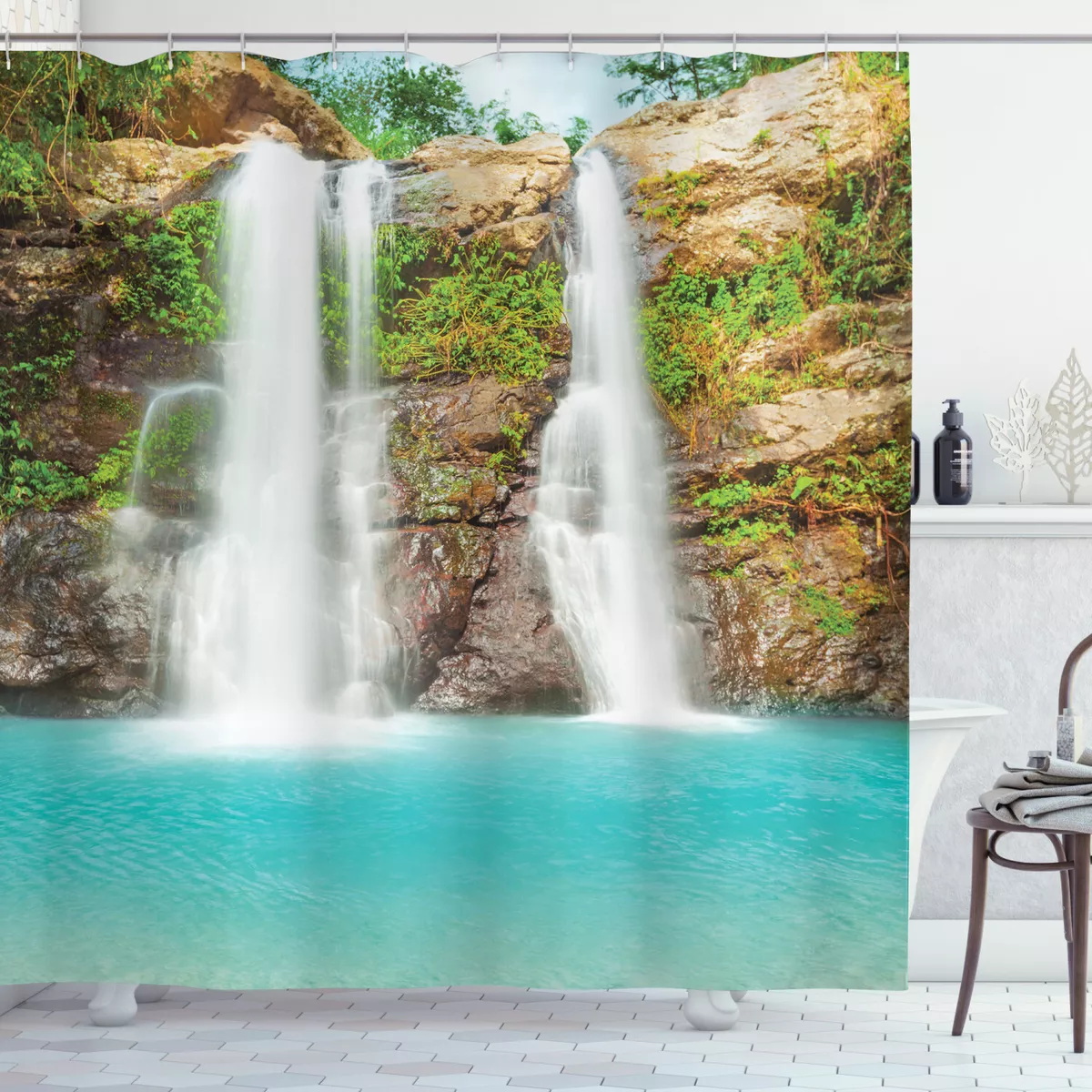 Waterfall in Tropical Rainforest Fresh Lake Exotic Nature Shower Curtain Set