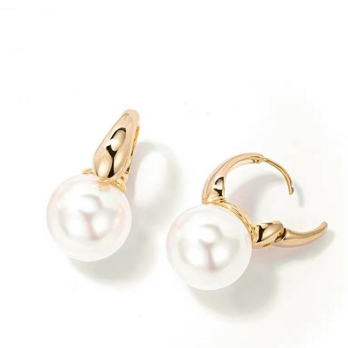 18k yellow gold gp 14mm pearl huggies dangle drop classic designer earrings - Picture 8 of 10