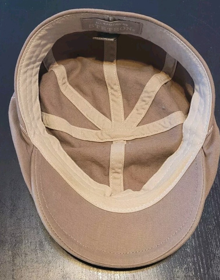 Stetson Men's Flat Cap Tan Beige Logo Newsboy Cabbie Golf Hat Size