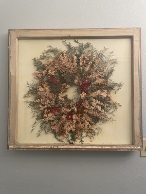 Large Vintage Wood Framed Window Beautiful Dried Flower Wreath Wall Art 32x29 