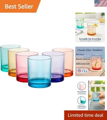 Classic Plastic Reusable Drinking Glasses Set of 6 12oz Rocks Cups Assorted C...