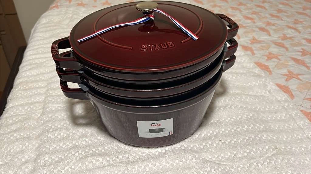 Staub Cast Iron 5 qt, Round dutch oven, 4-pc Stackable Set. Grenadine
Opens in a new window or tab