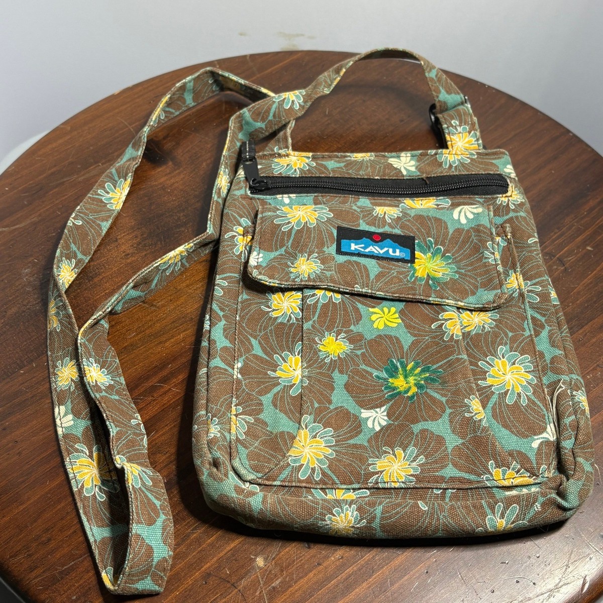KAVU Crossbody Bag Womens Small Brown Teal Floral Keeper Canvas 