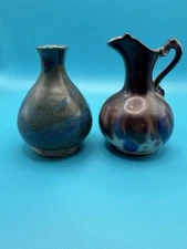 Vintage Glazed Mini Blue Clay Pitcher with Handle & Stoneware Vase