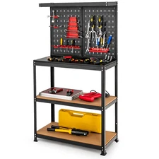 Tool Storage Workbench Heavy-duty Steel Tool Table w/ 2 Open Shelves & Pegboard