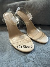 JUSTFAB Clear Strap Block Heel Strappy Open Toe Heels Beige Synthetic Size 9