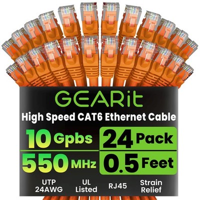 24 PCS Cat 6 Ethernet Cable 0.5 Feet Cat6 Network Patch 10Gbps RJ45 Orange