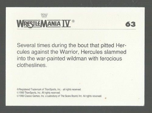 1990 CLASSIC WWF WRESTLING  #63  WRESTLEMANIA IV  ULTIMATE WARRIOR  HOF  NM - Picture 2 of 2