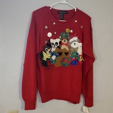 Ladies Red Decorated Holiday Sweater Size L Ugly Christmas Sweater Pullover New