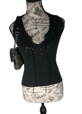 WOW Couture Black Rhinestone Halter Top Y2K Bandage Knit Open Back Medium