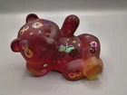Fenton Ruby Reclining Bear  Etched W/Carnival Snow Flakes - Cadmium Glow